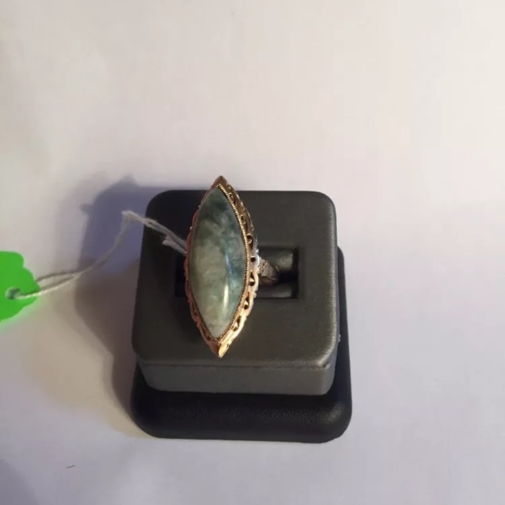 R4) antique green/white BURMA JADITE sterling RING - Picture 2 of 8